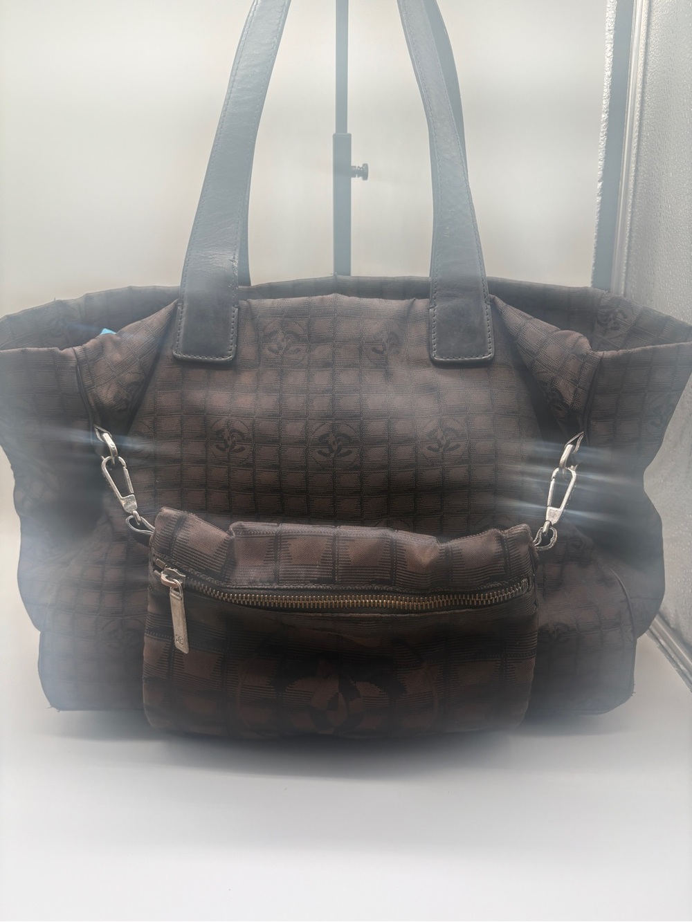 Chanel Brown Nylon CC Logo Tote Bag w/ Matching Pouch Vintage